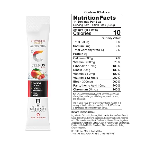 CELSIUS ON THE GO STRAWBERRY MANGO, SUGAR FREE ENERGY DRINK MIX (14 STICKS PER PACK)