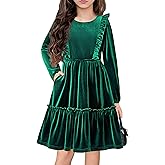 Arshiner Girls Dress Long Sleeve Ruffled Hem Casual Velvet Dress with Pockets 5-14 Years