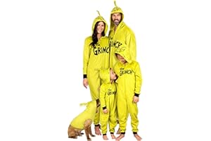 PRESTIGEZ Dr. Seuss Grinch Fleece Onesie Pajamas - Matching Family Adult Kids Hooded Costume