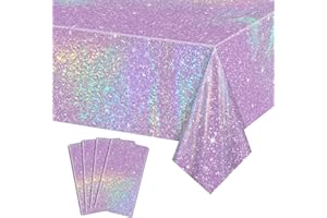 APUXXJUPA 4 Pcs Purple Laser Table Covers, Shiny Disposable Rectangle Purple Tablecloth for Iridescent Party Decorations Bridal Wedding Party Supplies, 51 x 86 inches
