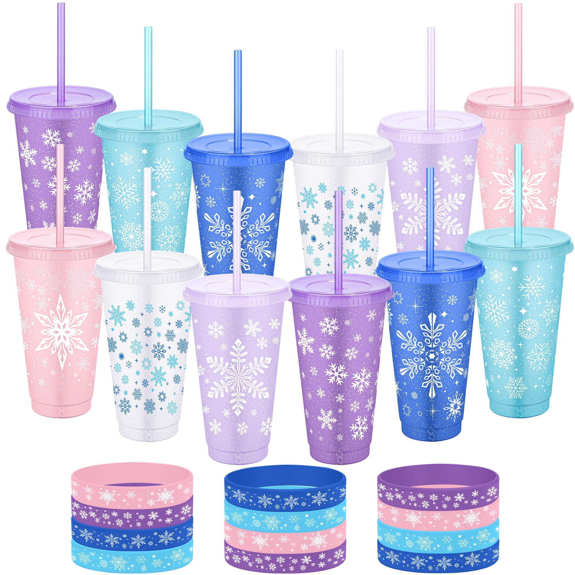 Photo 1 of Kochorie 24 Pieces Snowflake Party Favors Cups Set 24 Oz 12 Frozen Themed Cups with Lids & Straws 12 Silicone Bracelets Reusable Plastic Tumblers for Winter Theme Holiday Birthday Party Supplies