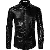 ZEROYAA Men's 70s Disco Button Down Shirt Shiny Metallic Long Sleeve Costume for Party Prom