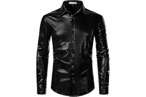 ZEROYAA Men's 70s Disco Button Down Shirt Shiny Metallic Long Sleeve Costume for Party Prom