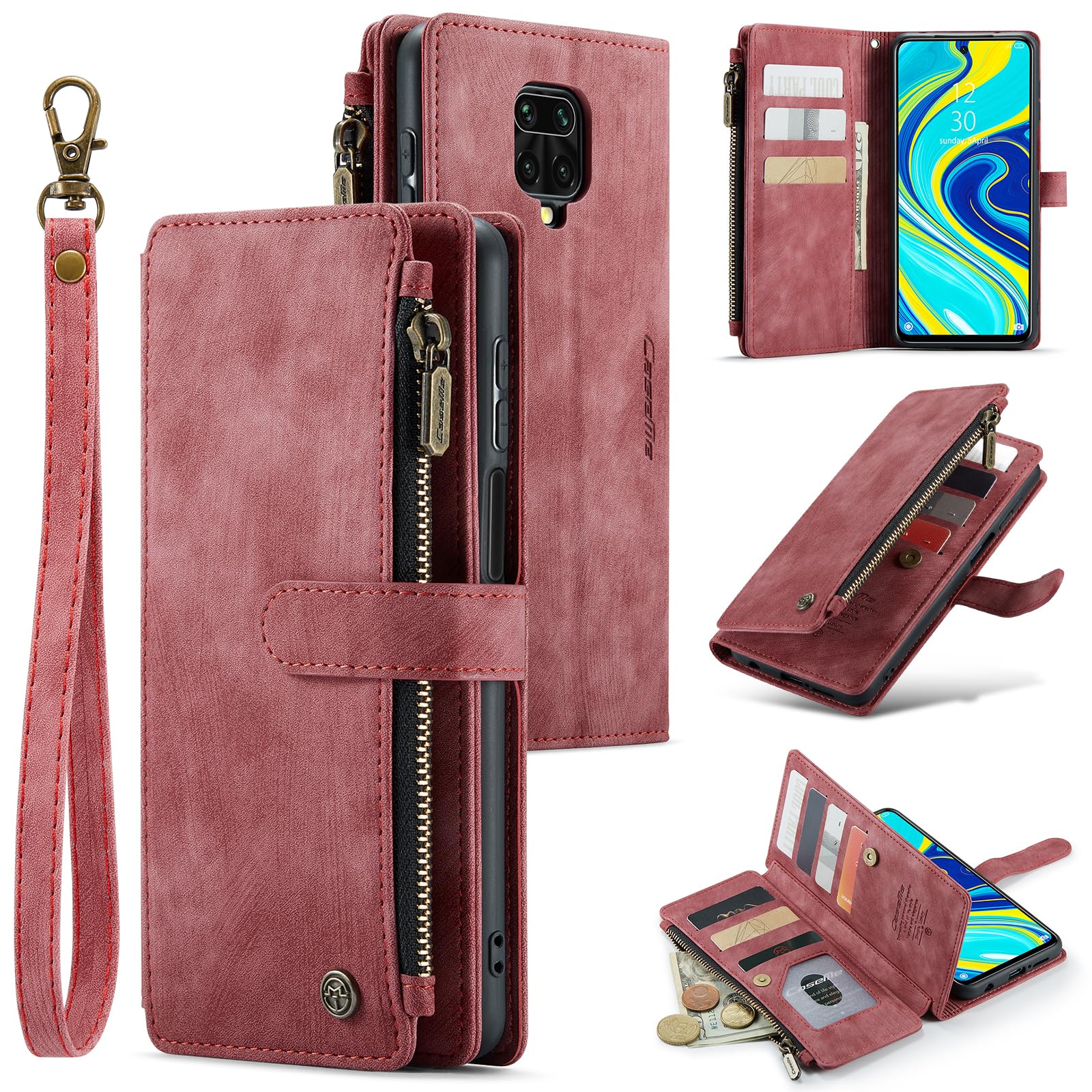 for Xiaomi Redmi Note 9 Pro Max/9 Pro/9S Wallet Stand Case, PU Leather Flip Cover with Soft TPU Back Cover, Magnetic Closure, Card slots, Cash Slots, Zipper Pocket and Photo Frame (Red)