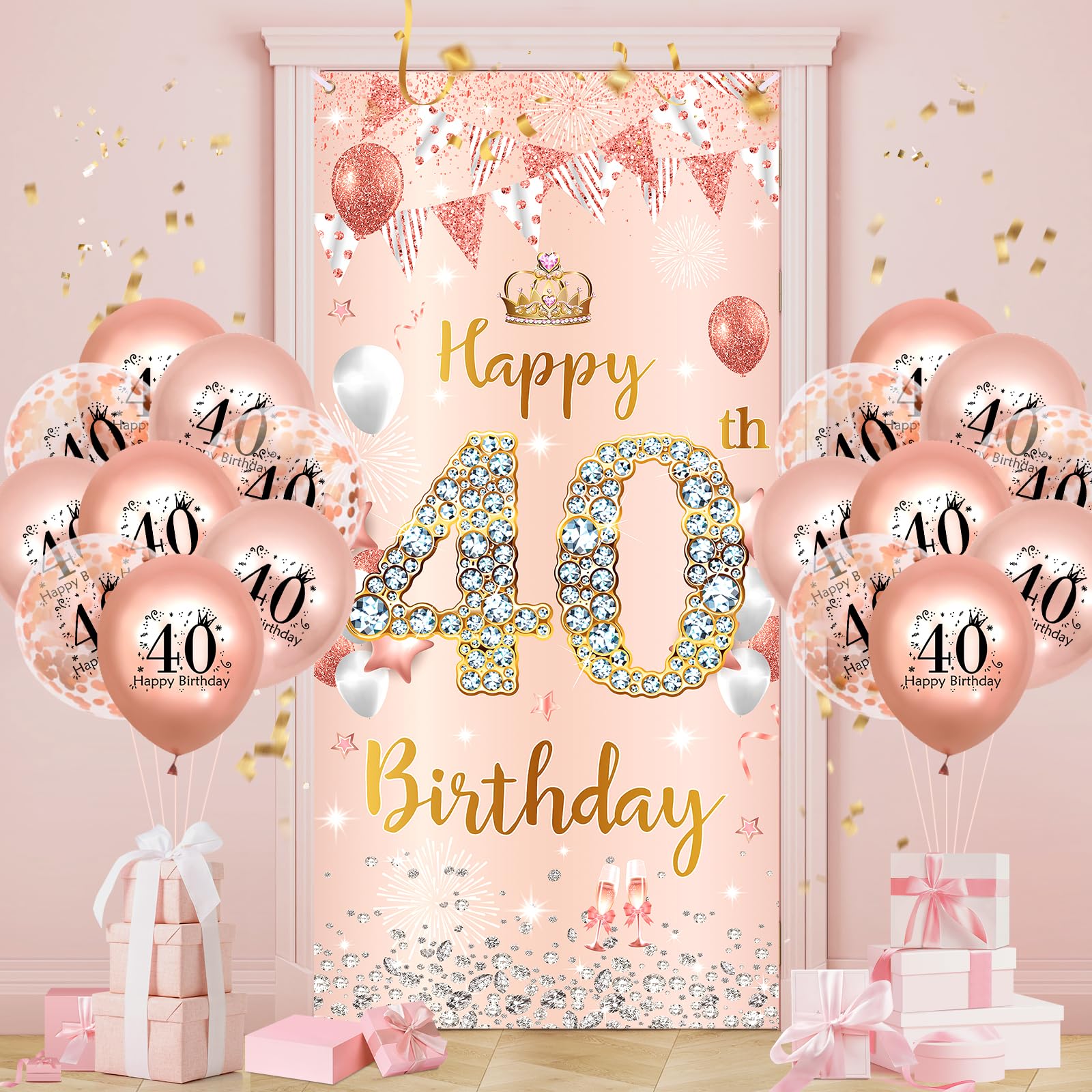 Photo 1 of 40th Birthday Party Decorations for Women Rose Gold Happy 40th Birthday Banner with 18pcs 40th Balloons 40th Door Cover Backdrop Set for Women Men Birthday Anniversary Party Sign Porch Decor Supplies