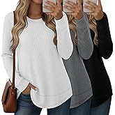 Velvelhall 3 Pack Women's Waffle Knit Sweatshirts Crew Neck Long Sleeve Tops Casual Loose Fit Pullover Tees Curved Hem Shirts