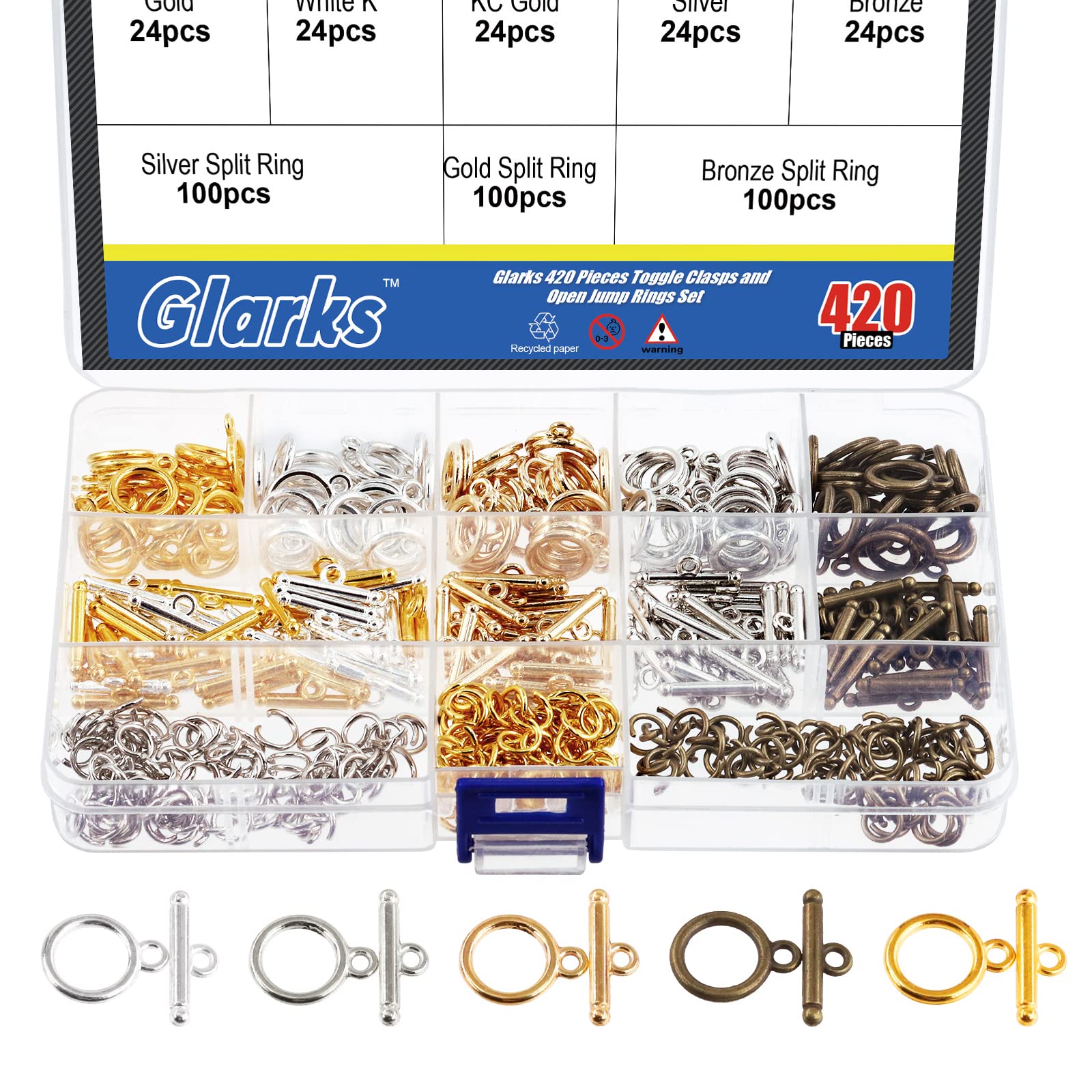 Glarks 420Pcs Toggle Clasps and Open Jump Rings Set 120 Sets 5 Colors Round Toggle Clasps Connectors T-Bar Jewelry Clasp and 300pcs 3 Colors Open Jump Rings for Jewelry Bracelet Necklace Making