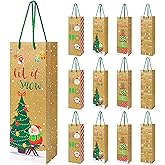 12PCS Christmas Wine Gift Bags Premium Kraft Paper Bottle Cover Wrapping Bags Bulk with Handles Gift Tags Reusable Holiday Wine Tote for Gifts Xmas Party Favours New Year Champagne Whiskey Liquor(Brown)