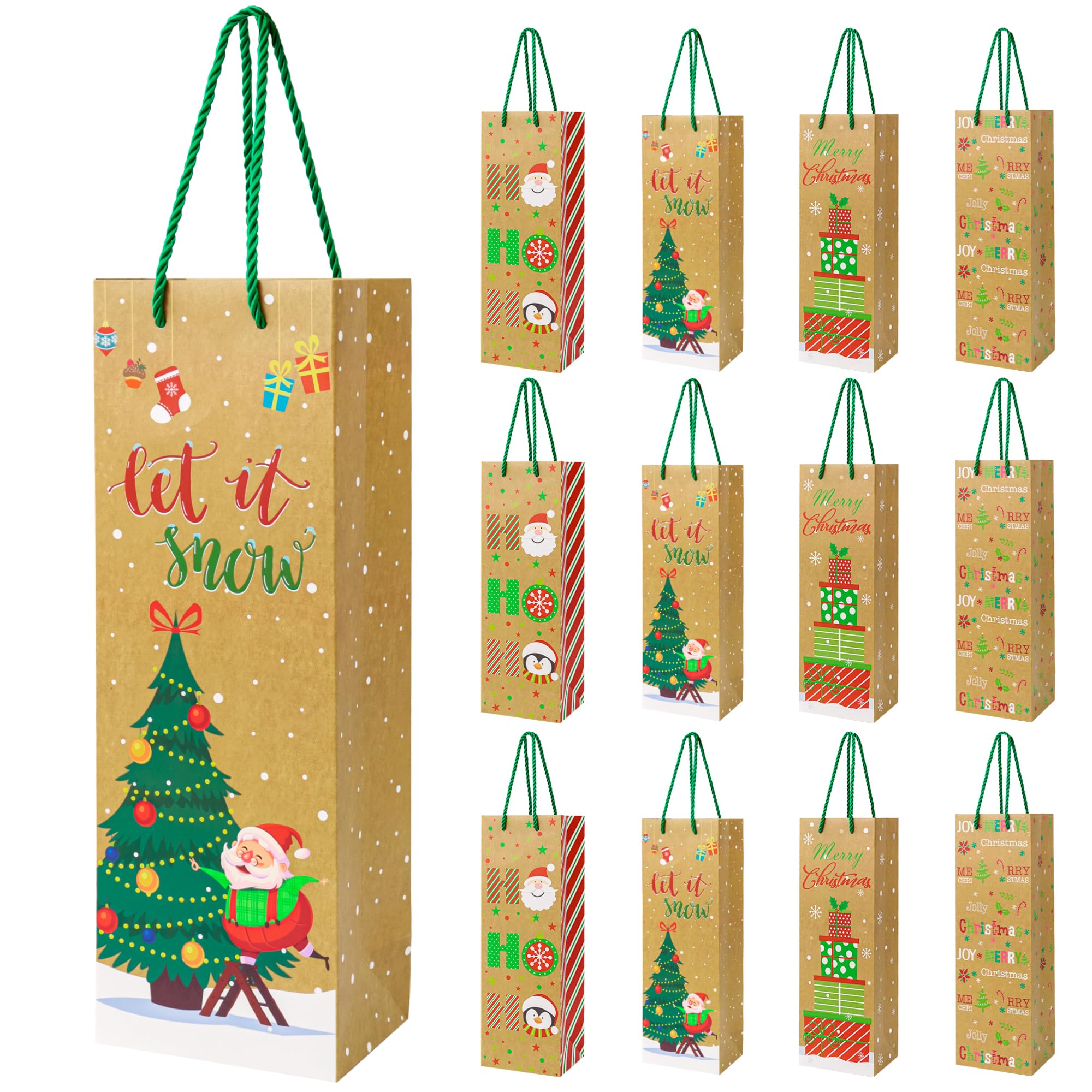 View 1 of 12PCS Christmas Wine Gift Bags Premium Kraft Paper Bottle Cover Wrapping Bags Bulk with Handles Gift Tags Reusable Holiday Wine Tote for Gifts Xmas Party Favours New Year Champagne Whiskey Liquor(Brown)