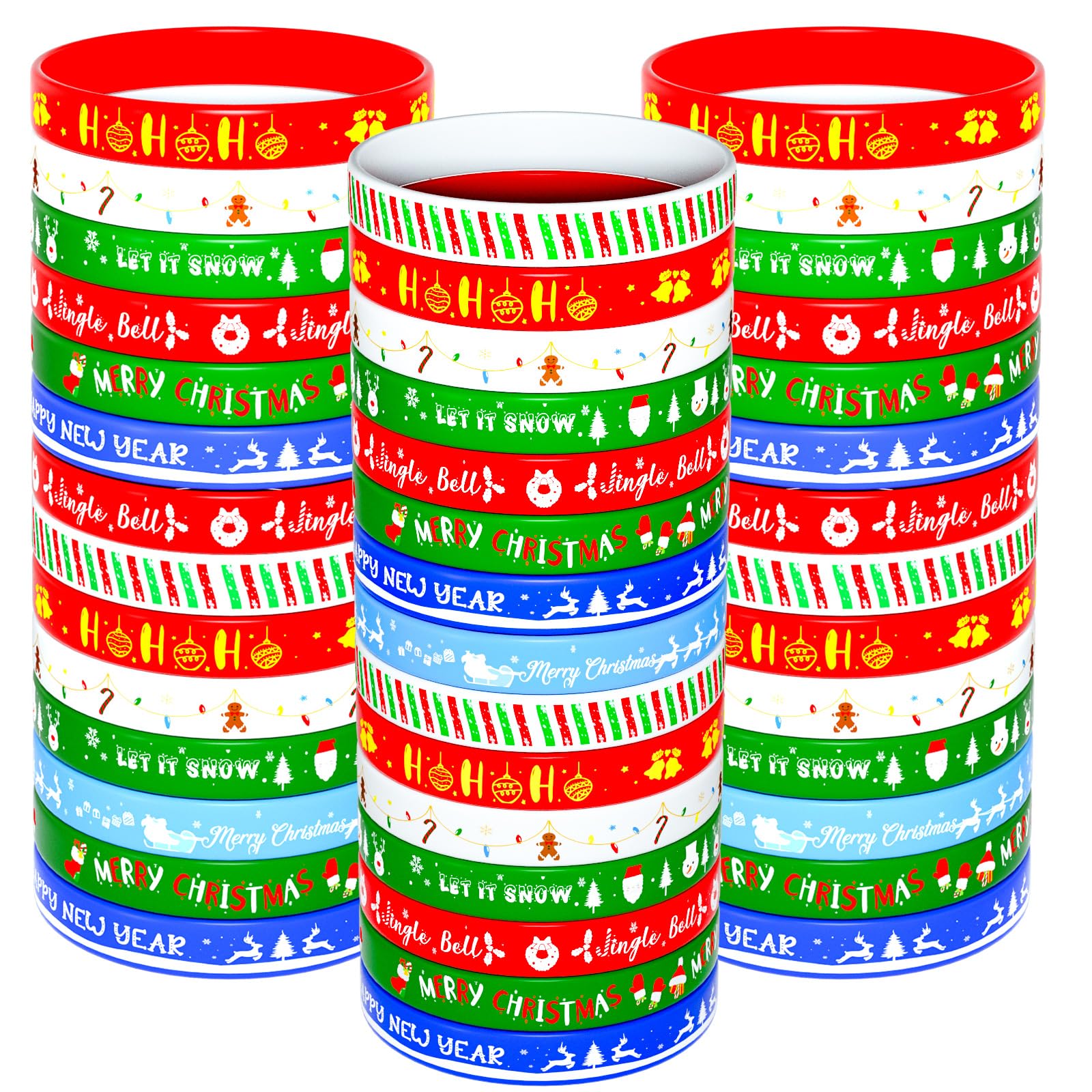 NEBURORA 72pcs Christmas Silicone Bracelet 8 Style Rubber Wristband Xmas Pattern Wrist Band for Merry Christmas Theme Party Decor Supplies