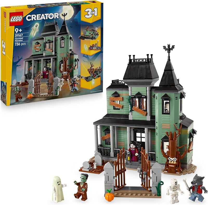 Criador 3 em 1 Haunted Mansion - Casa de Brinquedos Interativa Transformável em Navio Fantasma ou Comboio - 5 Minifigures Inc. Frankenstein e Lobisomem - Presente para Rapazes e Raparigas 9+ Anos 31167