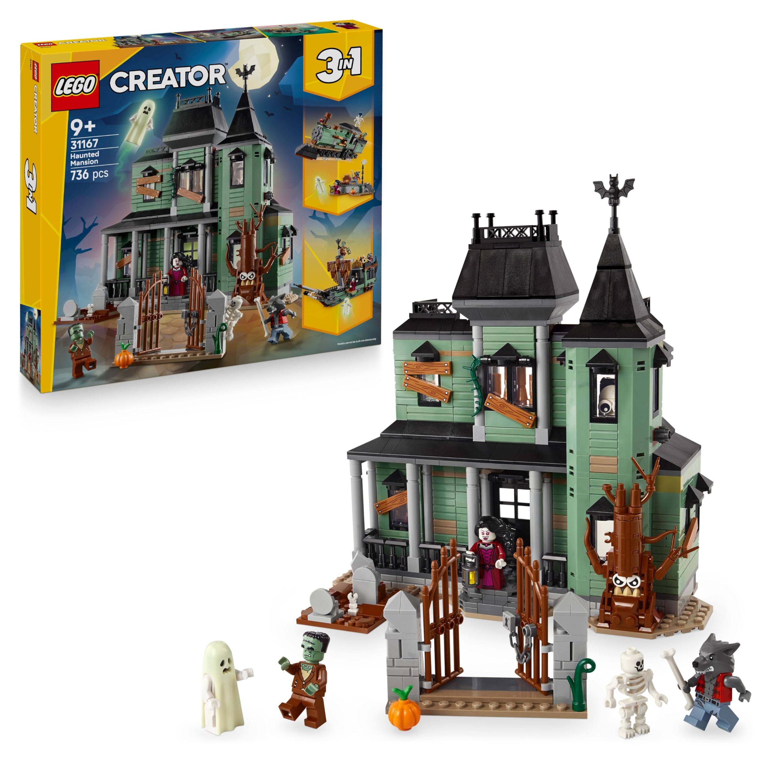 LEGO Creator Geisterhaus - 3-in-1 Spielzeug mit Haus - Bauset umbaubar in Schiff oder Zug - Mit 5 gruseligen Minifiguren - Cooles Halloweengeschenk für Jungen und Mädchen ab 9 Jahren - 31167