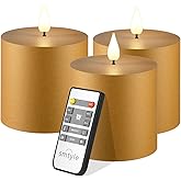 smtyle 3"X3" Vintage Decor with Gold Flickering Flameless Fake Plastic Pillar Candles Battery Operated with Remote Set of 3 Dining or Centerpieces Table Decor
