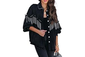 Daacee Oversized Fringe Denim Jacket for Women Frayed Sparkly Tassel Jean Shacket Cowgirl Western Country Concert Outfits