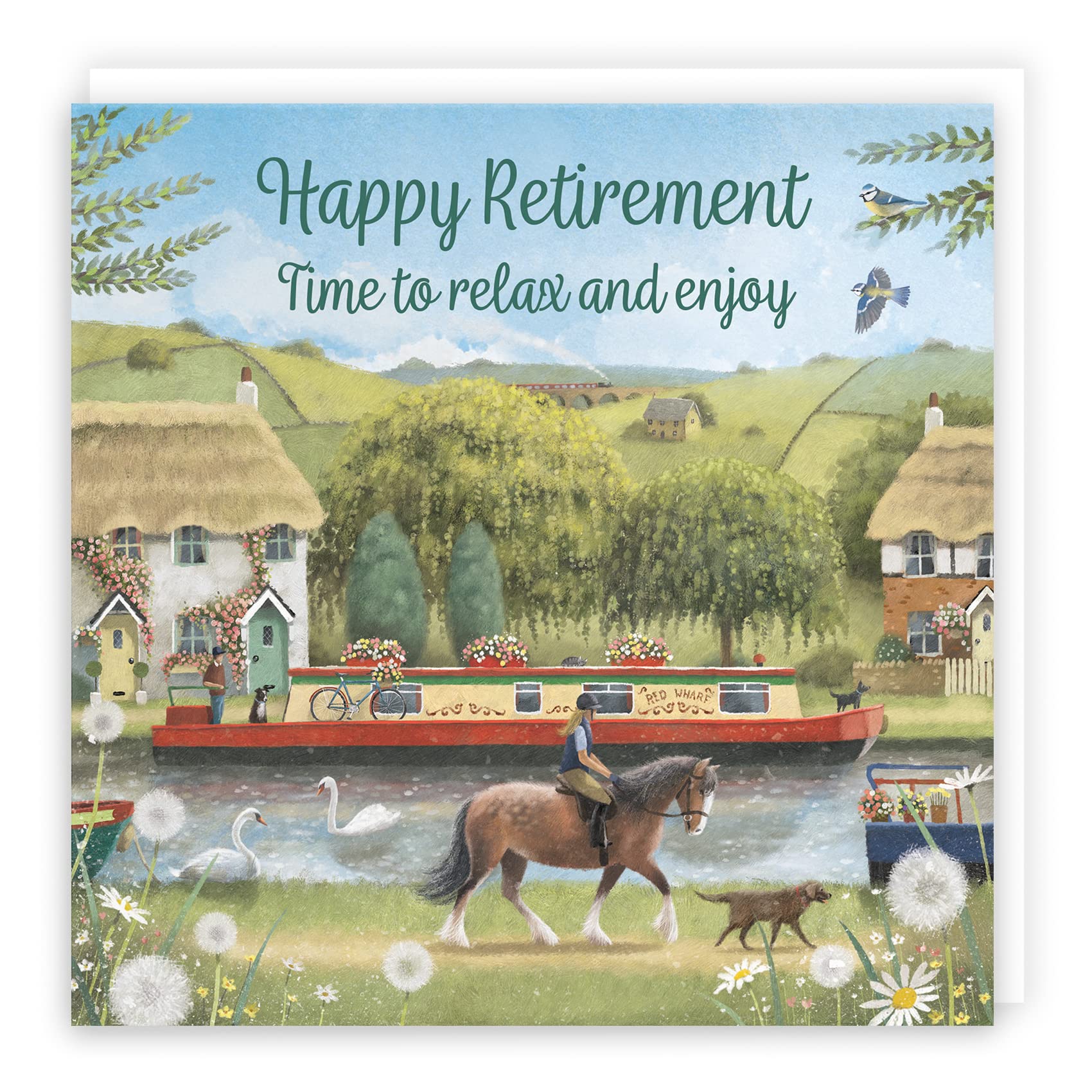 Hunts England - Canal Narrowboat Retirement Card - Horse Riding - Countryside - Milo's Gallery - Congratulations Unisex Retirement Card - Retirement Card For Colleagues, Friends, Him, Her, etc.
