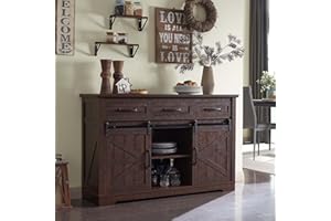 IFGET Farmhouse Buffet Cabinet, 53” Sideboard Cabinet w/3 Drawer, Rustic Storage Cabinet w/Sliding Barn Door, Coffee Bar Cabinet for Dinning Room, Kitchen, Hallway, and Living Room, Brown