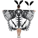 Remagr 2 Pcs Halloween Moth Butterfly Wings Cape Adult Costume with Feather Headband Moth Shawl for Women Halloween