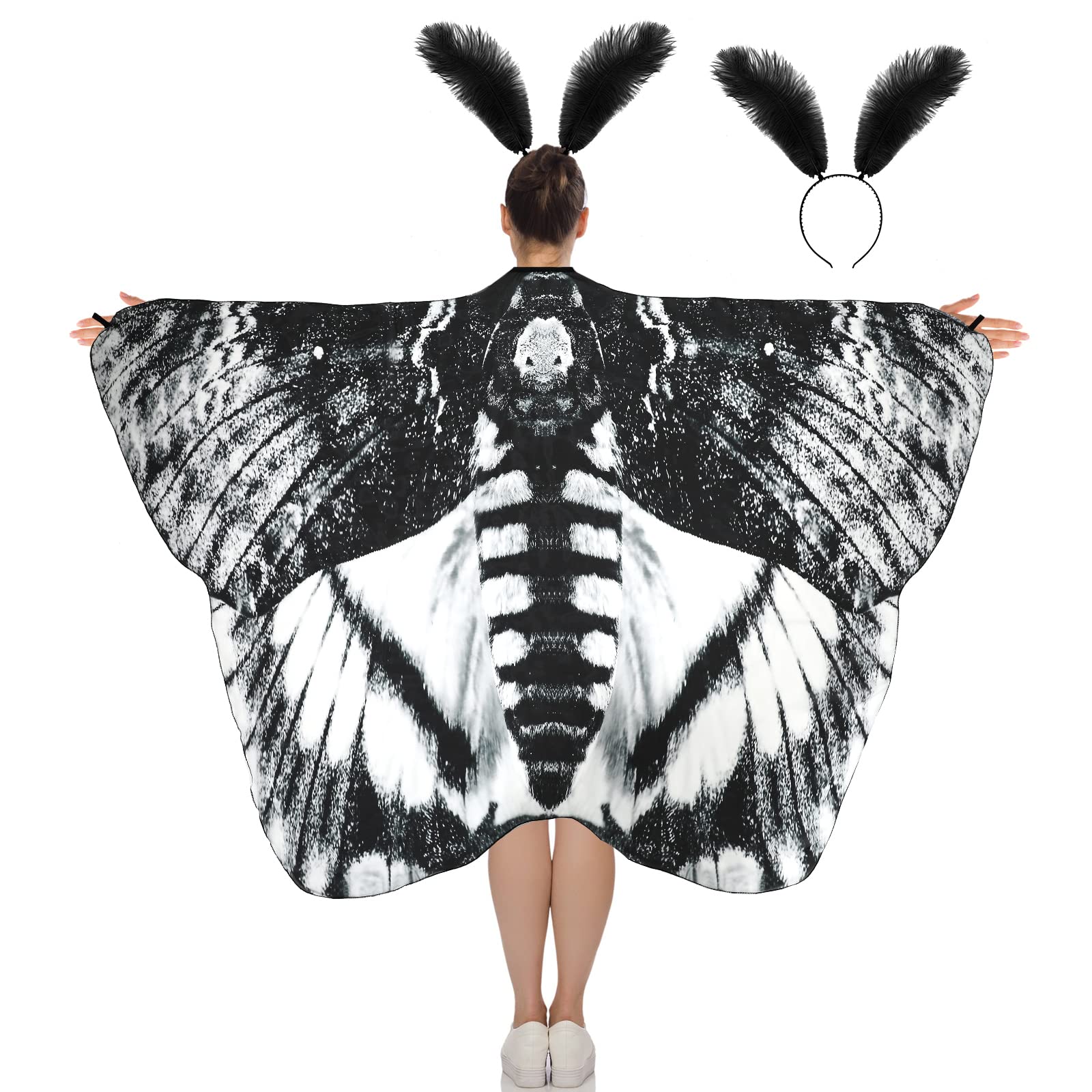 Photo 1 of Remagr 2 Pcs Halloween Moth Butterfly Wings Cape Adult Costume with Feather Headband Moth Shawl for Women Halloween(Elegant Style,78.7 x 51.2 Inch)