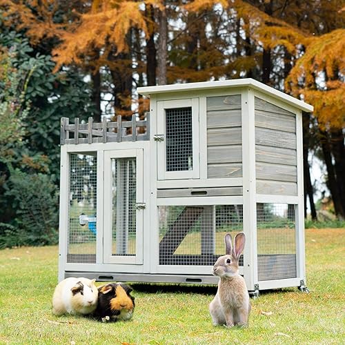 IDEE 2-Story Rabbit Hutch Outdoor Bunny House with Balcony