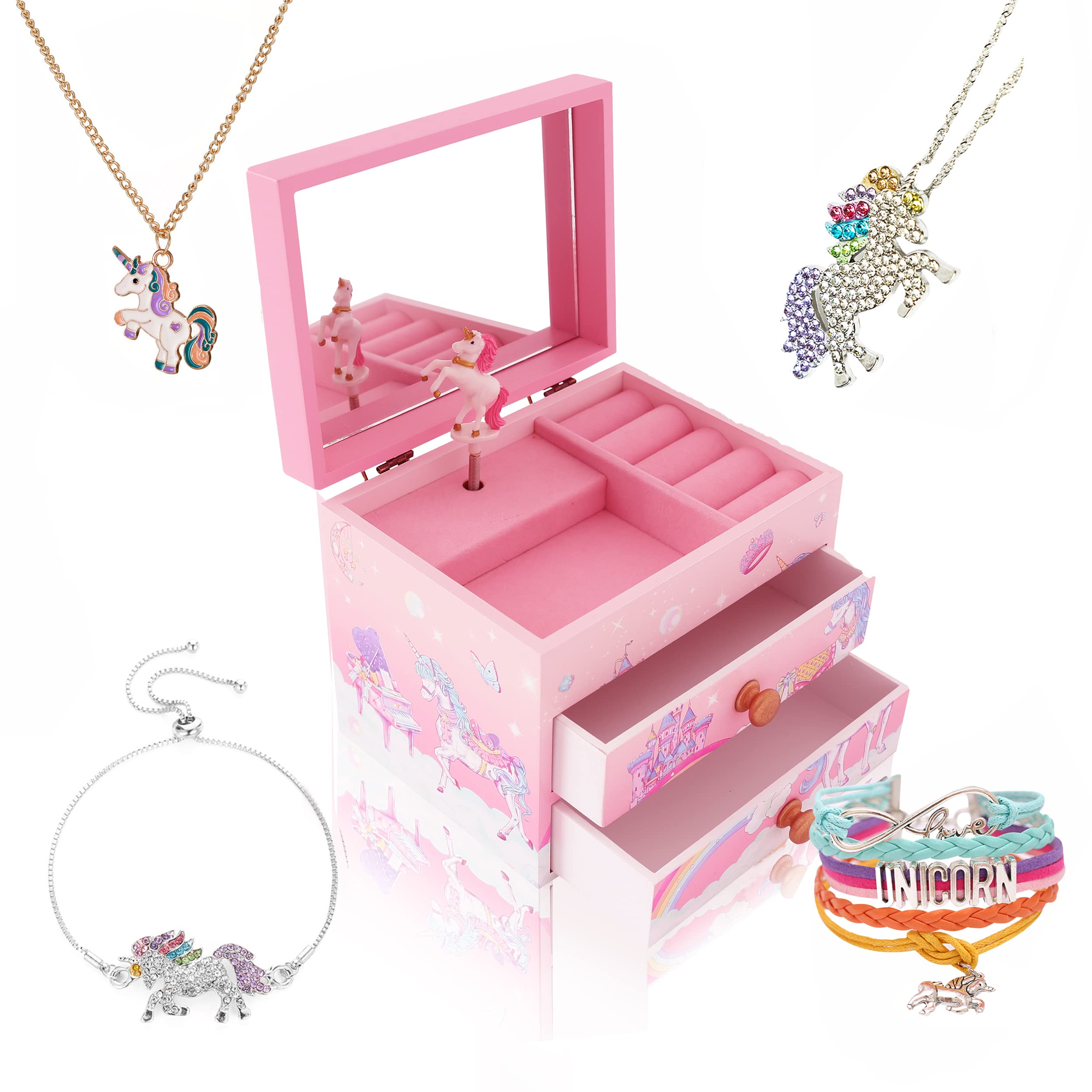 ZOOWING Girls Musical Jewelry Box Toys Gifts with Full Size Mirror and Unicorn Jewelry Set (A-Unicorn8)