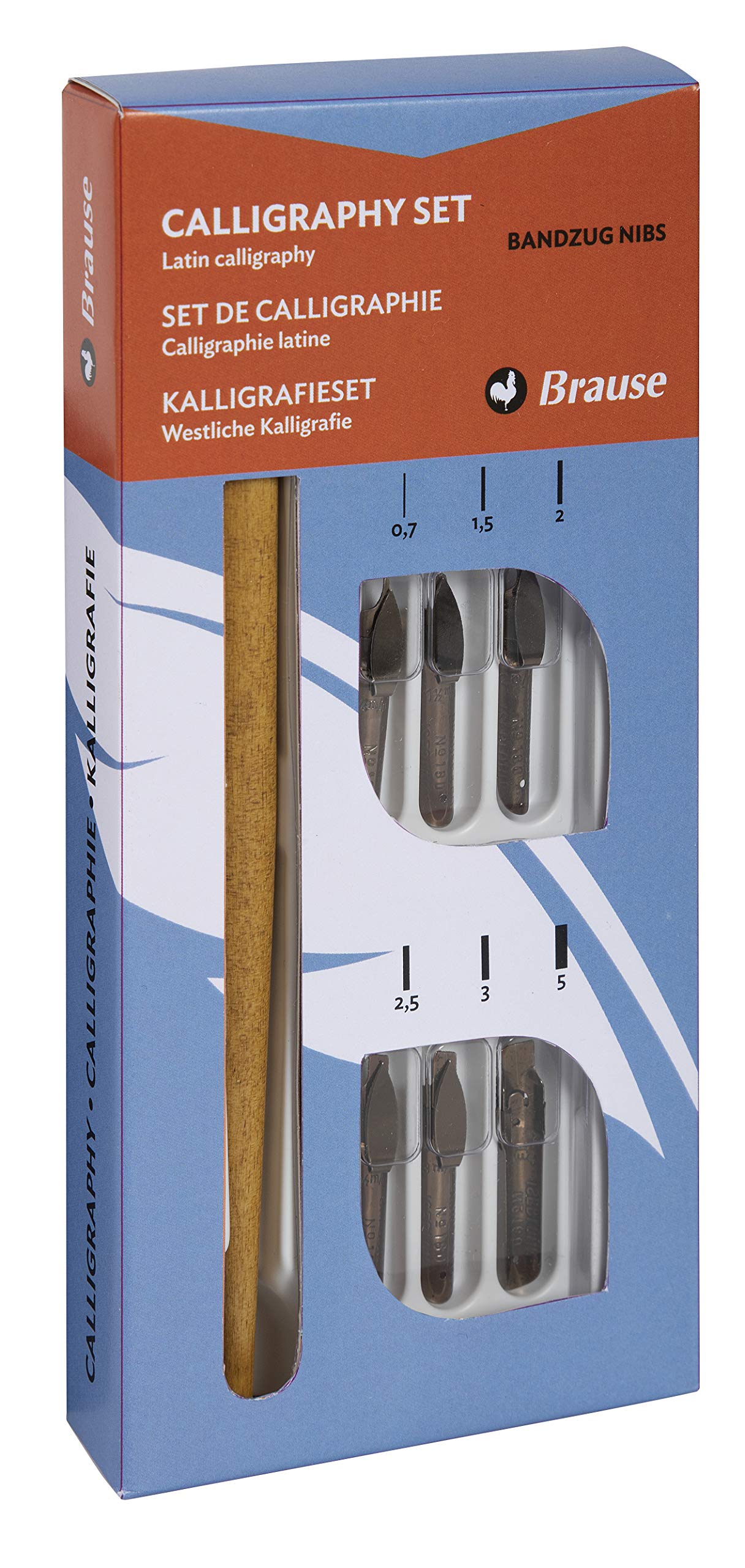 Brause 141B - A calligraphy set including 6 Bandzug nibs (0.7 mm, 1.5 mm, 2 mm, 2.5 mm, 3 mm and 5 mm), a nib holder and instructions - made in France