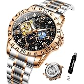 Vetra Automatic Watches for Men Luxury Skeleton Moon Phase Dress Wristwatch | Business,Mechanical,Self Winding,Two Tone,Stainless Steel,30M Waterproof, Luminous,Gift for Men