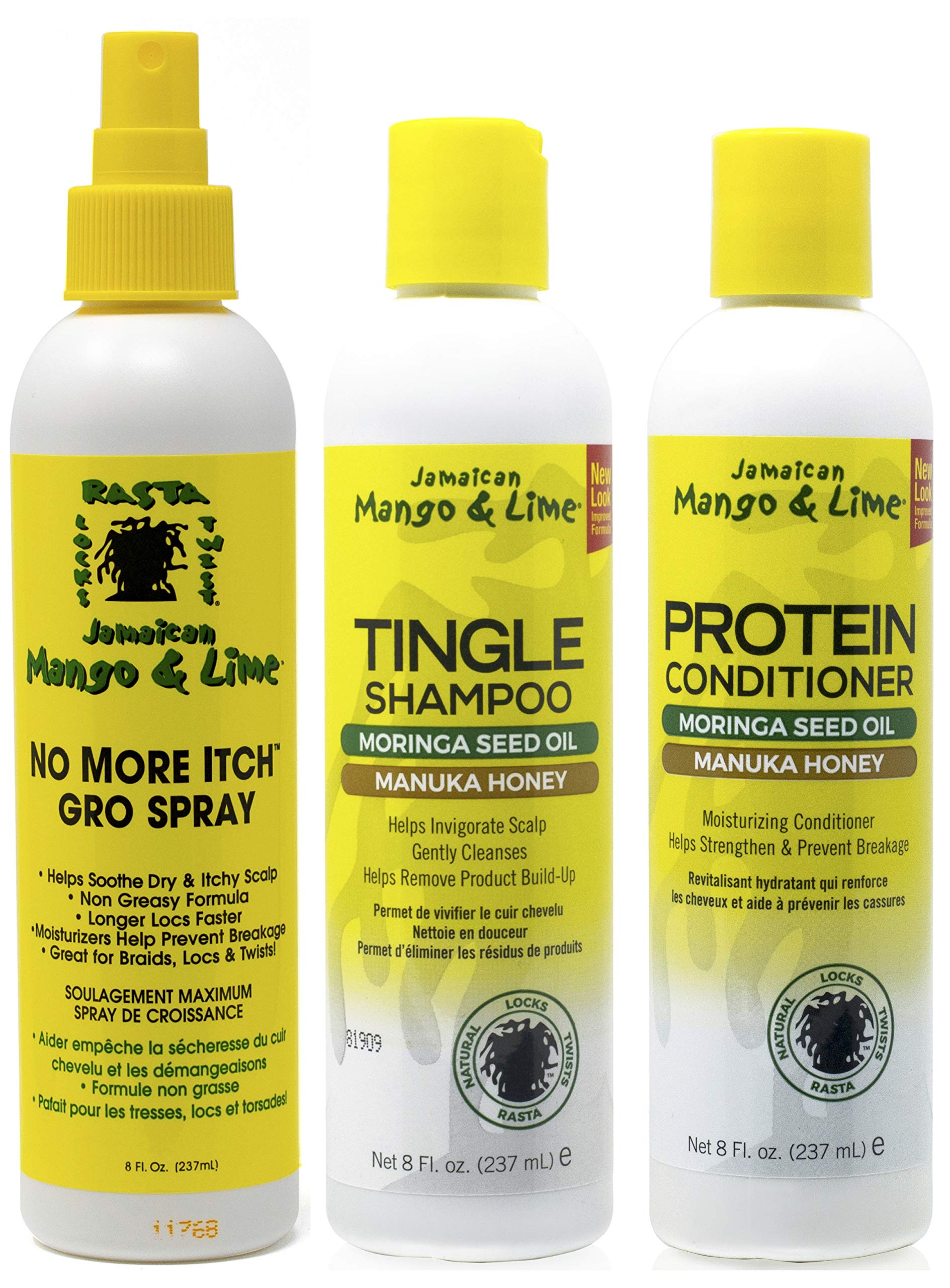 Jamacican Mango & Lime No More Itch Grow Spray 8oz with Tingle Shampoo 8oz & Protein Conditioner 8oz