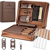 KEJIAR Cigar Humidor Case, Portable Cigar Box with Straight Cutter, V Cutter, Hole Puncher, Humidifier Packs, Travel Humidor and Cigar Accessories Gift Set Leather Cigar Case (Brown)