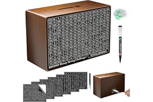 GOMYROD Wooden Cash Savings Box with Counter, Vault Bank for $10000 $5000 $3000 Target Money Challenge, Reusable Money Box with Dry Erase Pen/Savings Trackers/Rubber Band - Brown