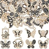 SUNNYCLUE 1 Box 32Pcs 8 Styles Rhinestone Butterfly Charms Rhine Stone Charms Alloy Black Shine Rectangle Hollow Spring Insect Butterflies Charm for Jewelry Making Charms Diy Necklaces Earrings Women