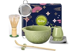 BEIYUNEE Matcha Whisk Set Matcha Kit - 7 Pcs Japanese Tea Set Includes Matcha Bowl with Spout,Bamboo Whisk with Ceramic Holder,Bamboo Scoop and Rest,Sifter,Tea Towel, for Ceremony Matcha Lovers Gift,Green