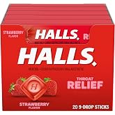 HALLS Throat Relief Strawberry Cough Drops, 180 ct | 20 Sticks of 9