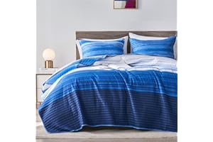 KAKIJUMN Full/Queen Quilt Bedding Set, White and Blue Patchwork Striped Quilt Set, 2 Pieces Soft Lightweight Bedspread Coverlet Set with 1 Pillow Sham(Blue,Queen)