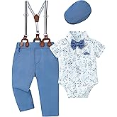 WESIDOM Baby Boy Clothes Suit 0-24M Infant Gentleman Wedding Outfit, Shirt+Bowtie+Beret+Suspender Pants Clothing Set