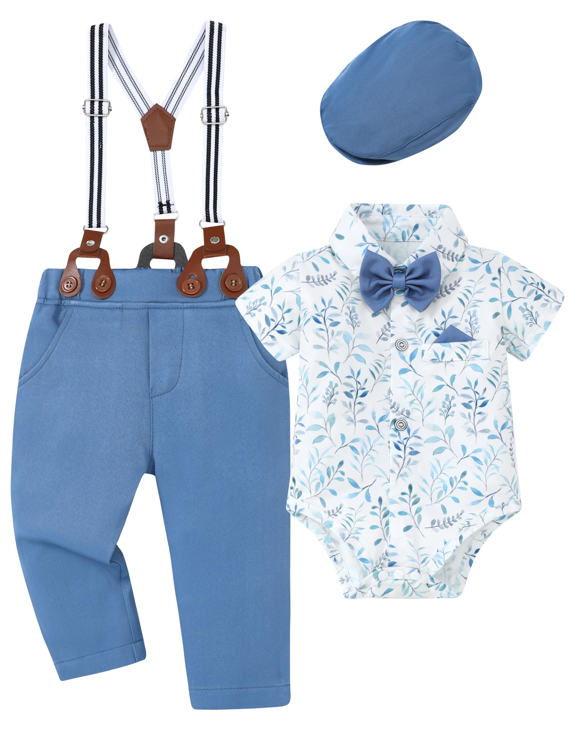 Photo 1 of WESIDOM Baby Boy Clothes Suit 0-24M Infant Gentleman Wedding Outfit, Shirt+Bowtie+Beret+Suspender Pants Clothing Set