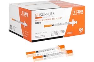 BH Supplies Insulin Syringes U-100 30G 1ml/cc 5/16" (8mm) Pack of 100 Pcs