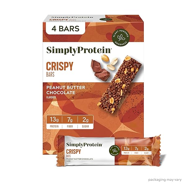 SIMPLY PROTEIN – PEANUT BUTTER CHOCOLATE CRISPY BARS – PLANT BASED PROTEIN BARS – LOW CARB, LOW SUGAR, HIGH FIBER – 13G PROTEIN, 2G SUGAR, 7G FIBER – VEGAN, GLUTEN FREE, NON GMO, KOSHER – 4 BARS