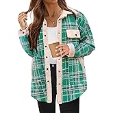 HOTOUCH Womens Flannel Plaid Button Down Shirts Shackets Button Down Fleece Collared Tartan Jacket Winter Coats with Pockets, L Green