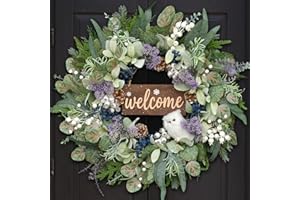 BLOEIEN 24" Natural Winter Wreath with Owl & Welcome Sign, Farmhouse Christmas Wreaths for Front Door, Winter Door Wreaths with Purple Eucalyptus & Pine Cones, Woodland Decor for Wall Indoor Outdoor