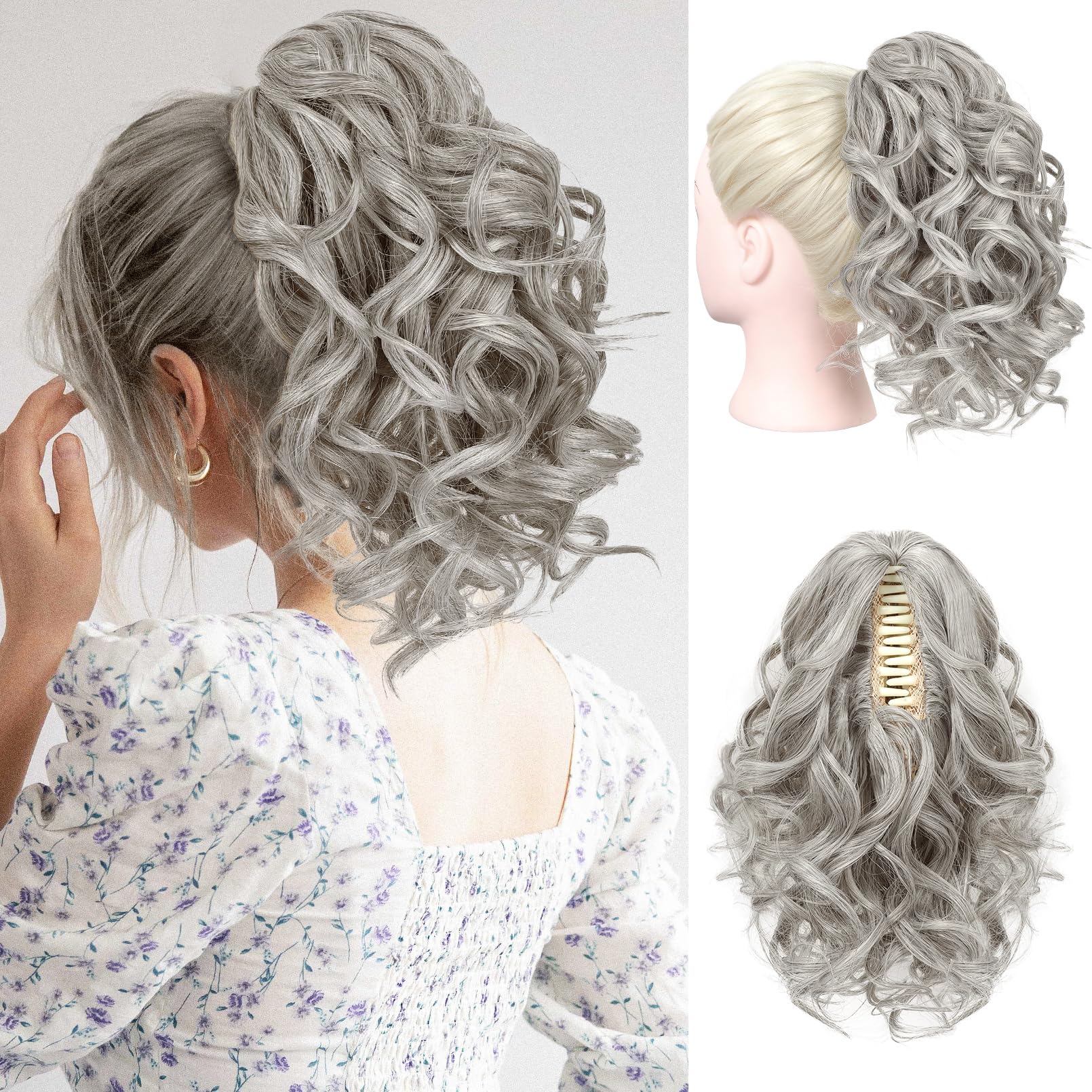 REECHO Ponytail Extension, Claw Clip in Ponytail Hair Extensions 12 Inch Short Curly Ponytail Natural Wavy Synthetic Hairpiece for Women – Grey/Brown/Silver/White Mixed — image 1