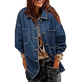 Oulivey Womens Oversized Button Down Denim Jacket Long Sleeve Boyfriend Jean Shacket Jacket Coat with Pockets