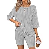 REDHOTYPE Women's Pajamas 2 Piece Outfits Ribbed Knit T-shirt with Biker Shorts Sweatsuits Loungewear Sets for Women