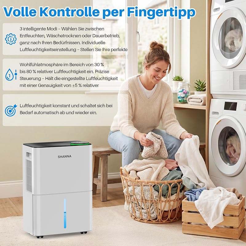 Luftentfeuchter elektrisch 15L/24h, Entfeuchter elektrisch 35dB, Raumentfeuchter für Räume ca. 35m², mit Ablaufschlauch, Timer, für Wohnmobil, Badezimmer, Keller, Kältemittel R290, 10 J. Gar.