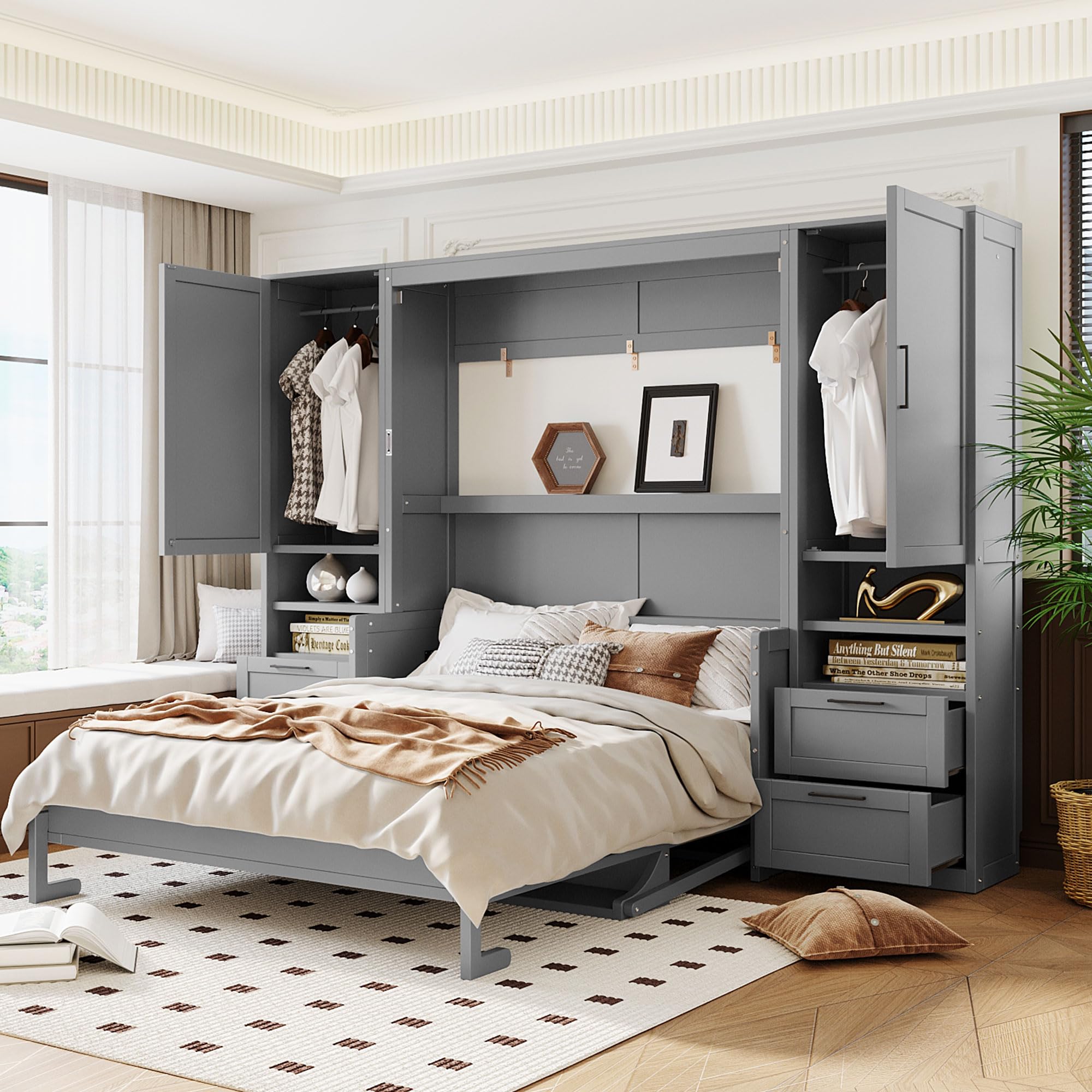 Photo 1 of ** Only box # 3 of 4 missing all the rest **  Merax Queen Size Murphy Bed with Desk, Space-Saving Wall Bed Frame with Closet, Drawers and Shelves, Foldable Platform Bed for Small Spaces Studio Study Office Guest Room, Gray