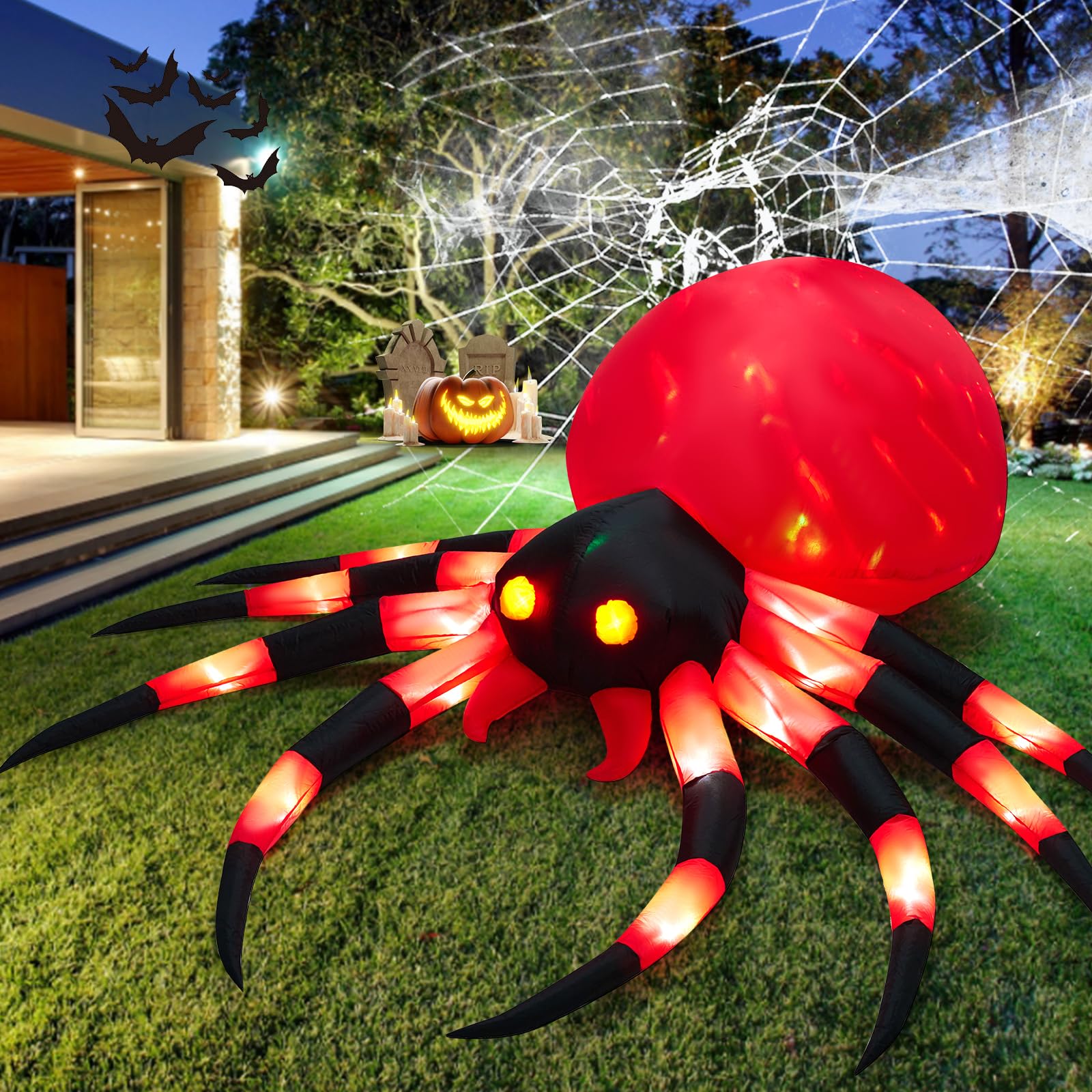 Photo 1 of 12FT Halloween Inflatables Giant Spider with 18 Built-in LED Lights and Magic Cube Light, Halloween Blowups for Yard, Garden and Lawn Outdoor Decoration (Red, 12FT)