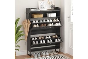 XIXINI Shoe Cabinet with 2 Flip Drawers, Freestanding Hidden Shoe Storage Organizer for Entryway, Narrow Slim Shoe Rack Cabinet with Open Storage & Hooks for Front Door Entrance, Living Room, Hallway, Black