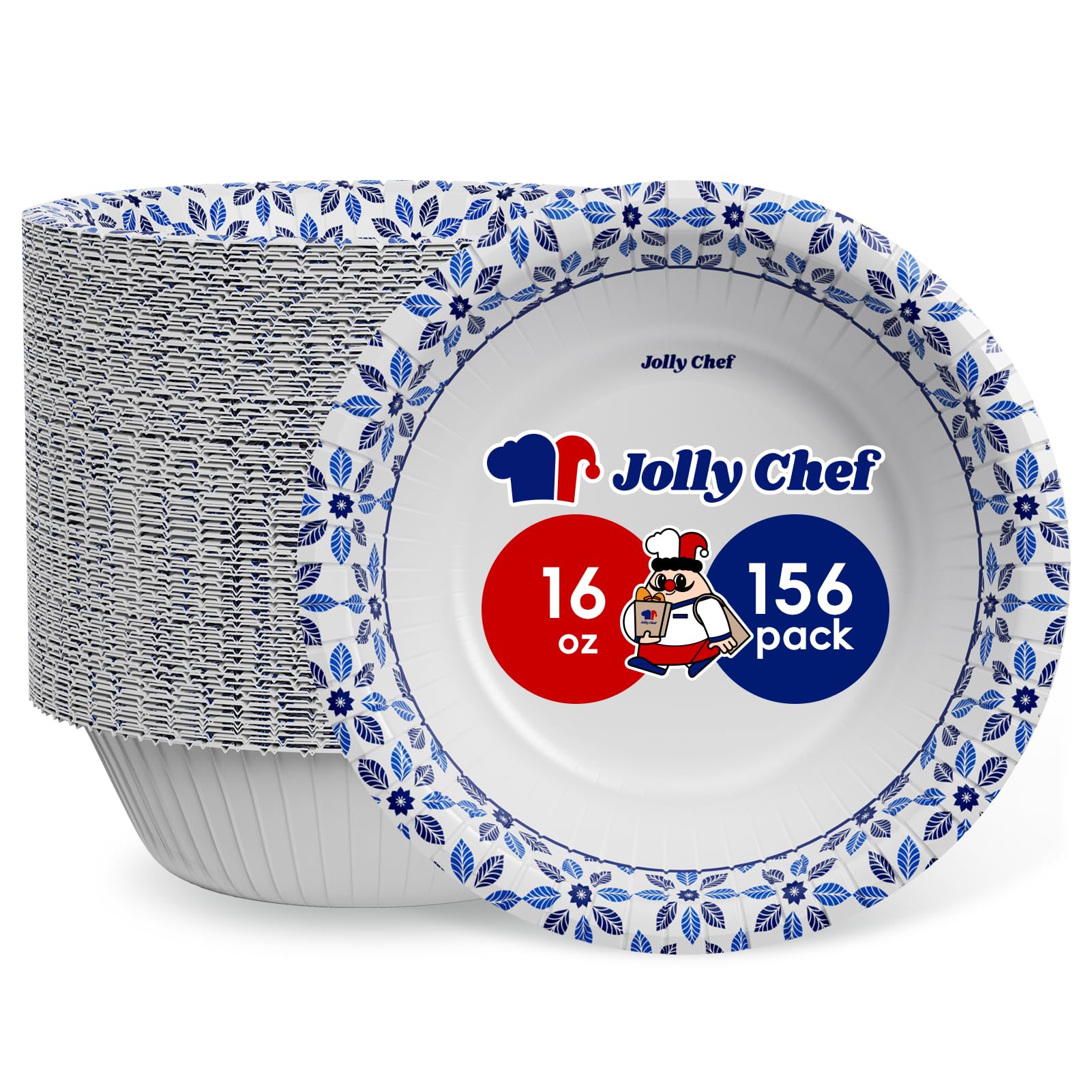 Photo 1 of JOLLY CHEF 16 oz Paper Bowls 156 Count Soak Proof, Heavy Duty Printed Disposable Small Bowls Bulk for Dinner or Lunch