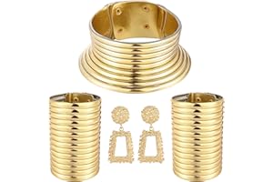 SAILIMUE 4pcs African National Jewelry for Women African Egyptian Choker Collars Gold Chunky Statement Leather Necklace Bangle Bracelet Earring Jewelry Set