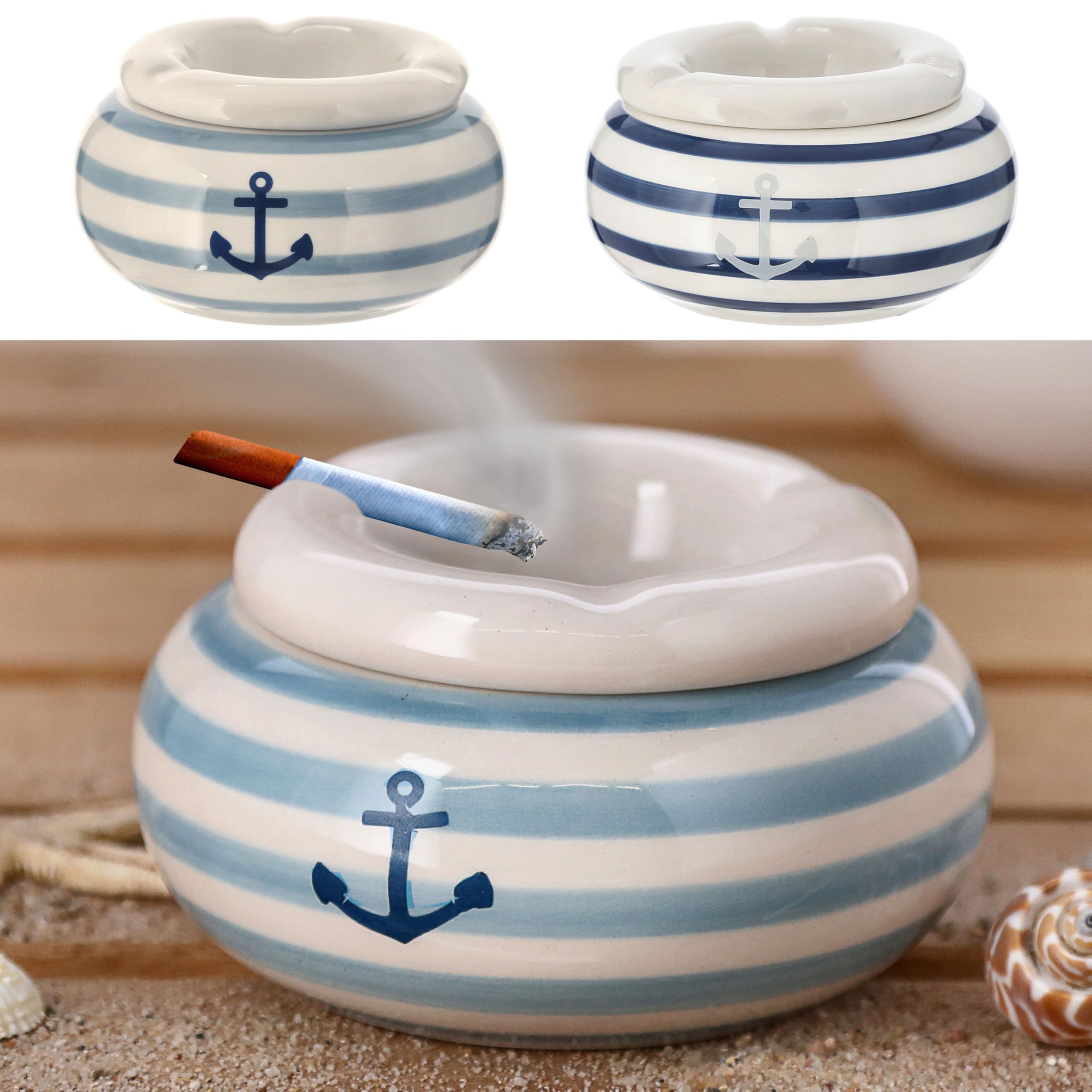 Storm Ashtray Maritime Ceramic Diameter 11 cm White Blue Removable Attachment Wind Ashtray (Set of 2 Ashtrays Maritime)