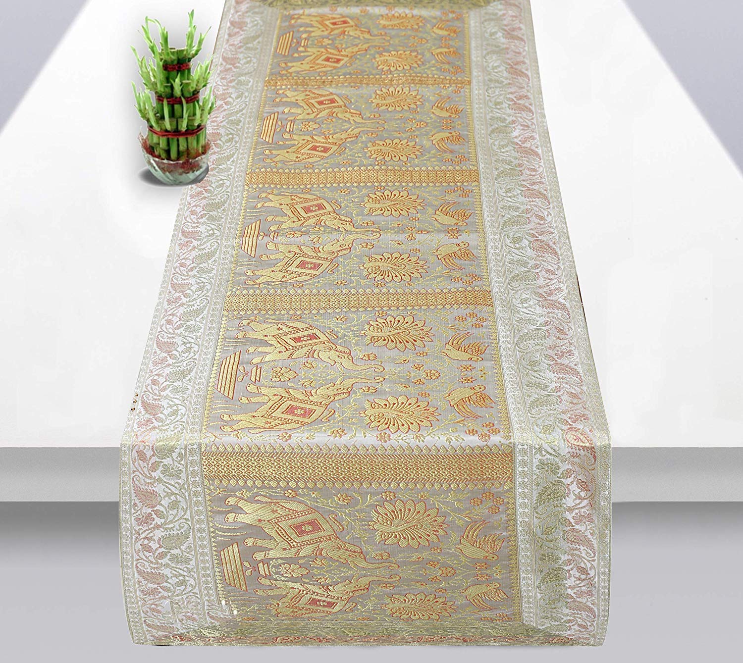 Radhy krishna fashions Rajasthani Hand Art Work Elephant Design Silk Table Runner & Tablecloth 60 x 16 Inch (White Gold)